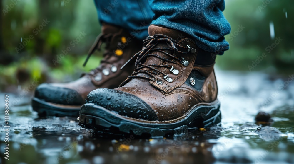 Waterproof boots splash through a shallow stream in a forest, epitomizing the essence of adventure and connection with nature in a serene wilderness setting. Waterproof boots splash through a shallow stream in a forest, epitomizing the essence of adventure and connection with nature in a serene wilderness setting.