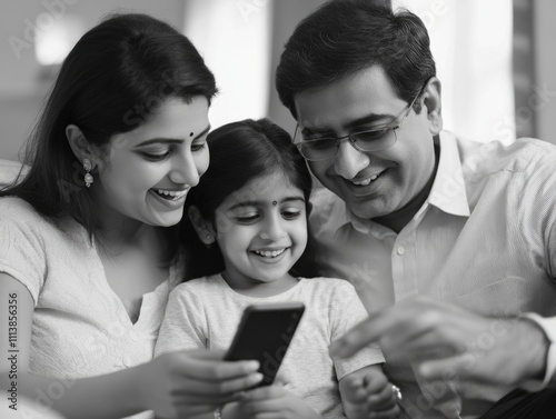 Family of three, a man and two women, are sitting on a couch and looking at a cell phone. The woman on the left is smiling, while the man and the girl on the right are also smiling