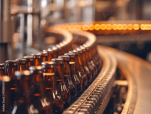 Conveyor belt of beer bottles is being filled. The bottles are brown and are lined up in a row