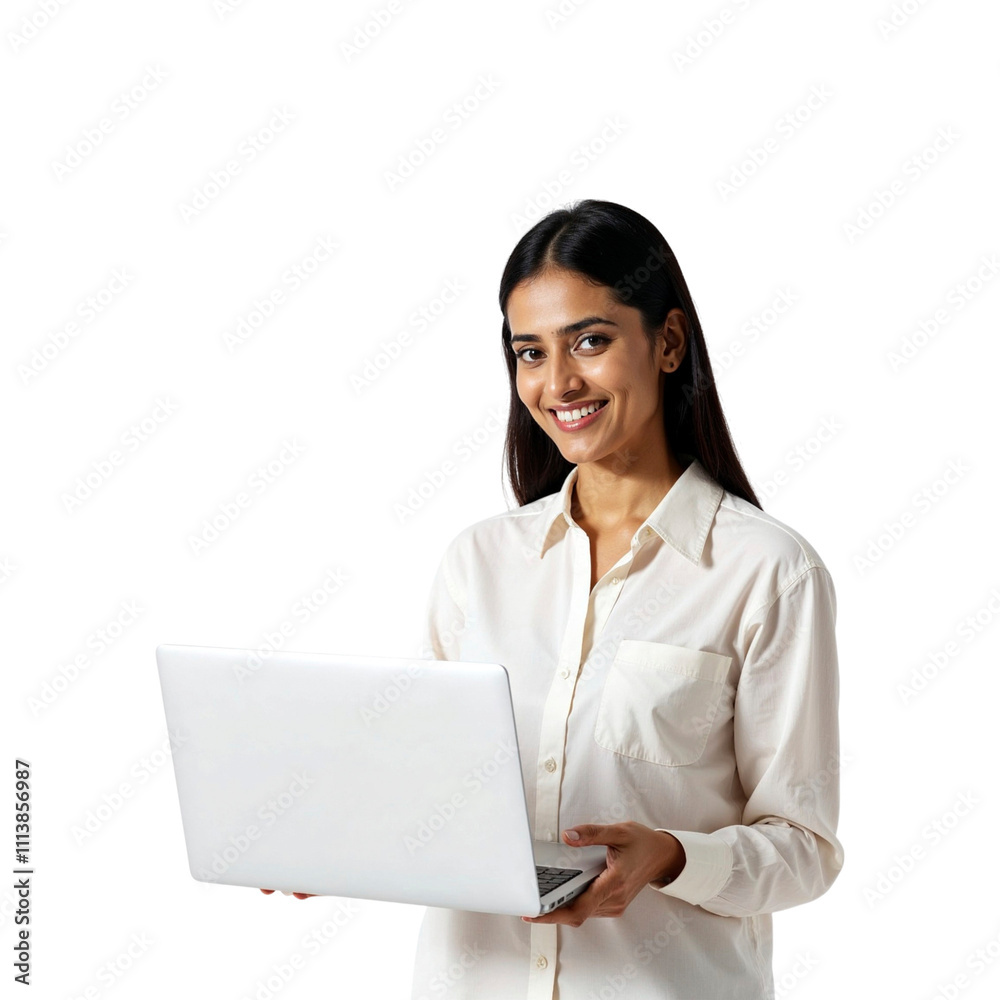 Female indian business woman in a business suit with laptop on a transparet background. Office worker. Busy, productive Female indian business woman in a business suit with laptop on a transparet background. Office worker. Busy, productive