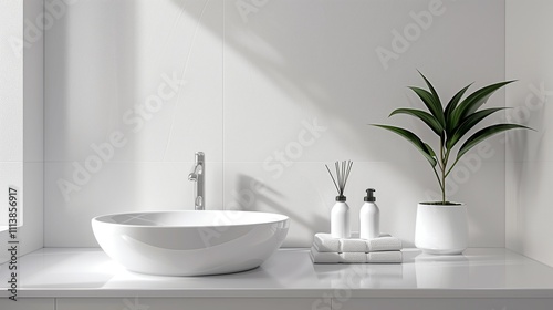 A spotless white A bathroom with a modern sink, minimal toiletries, and a small plant for a fresh touch.