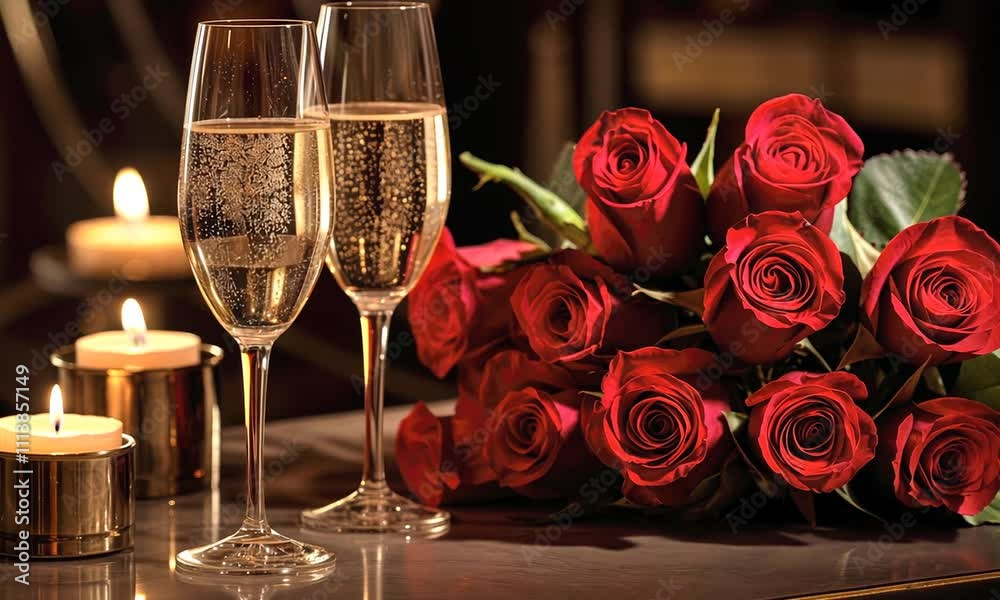 Romantic evening with sparkling drinks and red roses set amidst flickering candlelight creating an intimate atmosphere Romantic evening with sparkling drinks and red roses set amidst flickering candlelight creating an intimate atmosphere