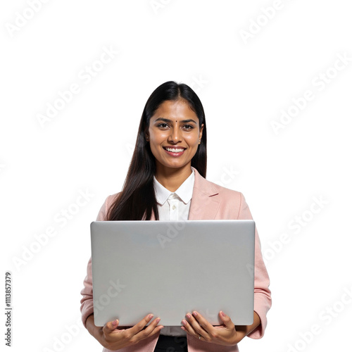 Female indian business woman in a business suit with laptop on a transparet background. Office worker. Busy, productive