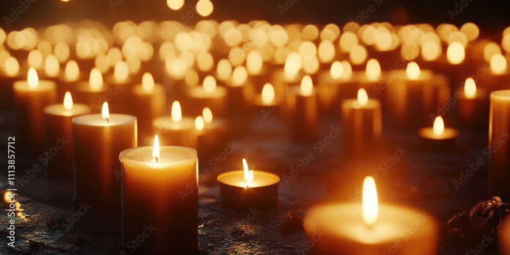 Large group of candles are lit, creating a warm and inviting atmosphere. The candles are arranged in a way that they are all lit, with some candles being taller than others. The scene is peaceful Large group of candles are lit, creating a warm and inviting atmosphere. The candles are arranged in a way that they are all lit, with some candles being taller than others. The scene is peaceful