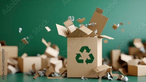 Open cardboard box with a recycling symbol surrounded by flying smaller boxes, promoting environmental sustainability and eco-friendly packaging solutions. photo