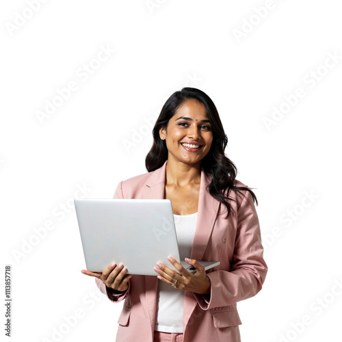 Female indian business woman in a business suit with laptop on a transparet background. Office worker. Busy, productive