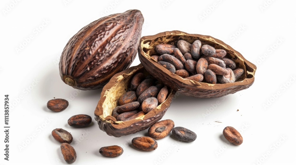 Three unopened cocoa pods with a few unopened pods on the ground. The pods are brown and have a wrinkled surface Three unopened cocoa pods with a few unopened pods on the ground. The pods are brown and have a wrinkled surface