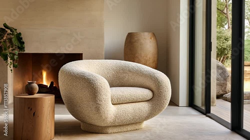 White cozy soft armchair. Interior design of living room, warm minimalism, wabi sabi style