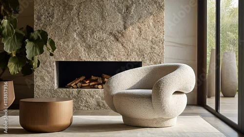 White cozy soft armchair. Interior design of living room, warm minimalism, wabi sabi style