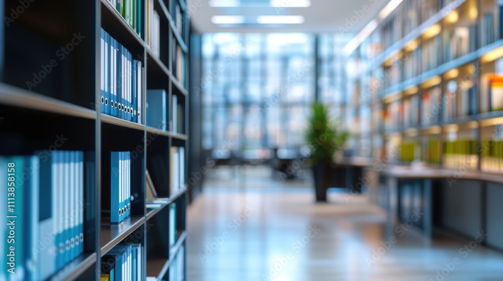 Library with a long aisle of bookshelves. The books are organized by size and color Library with a long aisle of bookshelves. The books are organized by size and color
