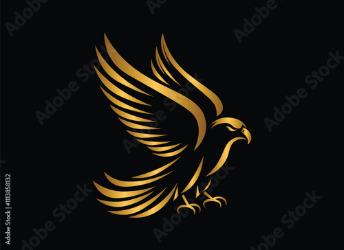 Golden eagle logo design, luxury golden eagle logo premium vector illustration, flying eagle graphic template, stylized bird logotype, luxury bird logo gradient design illustration