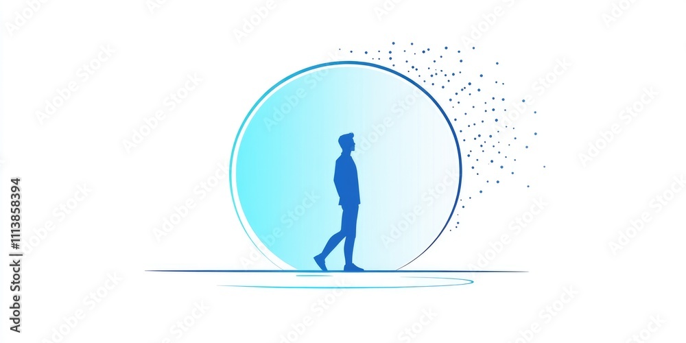 Man is walking in front of a blue circle. The circle is surrounded by a white background Man is walking in front of a blue circle. The circle is surrounded by a white background