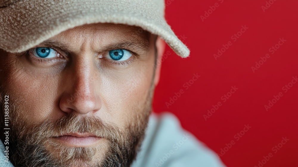 A focused image of a man with bright blue eyes and a confident gaze, dressed in modern casual attire with a cap, set against a vibrant red backdrop. A focused image of a man with bright blue eyes and a confident gaze, dressed in modern casual attire with a cap, set against a vibrant red backdrop.