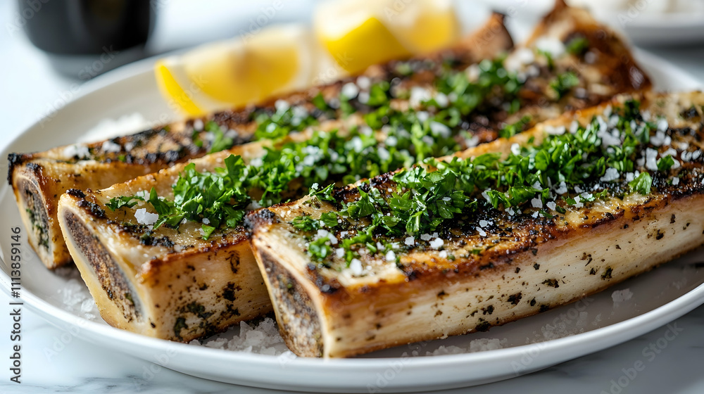 Herb and Garlic Roasted Bone Marrow with Sourdough Toast, Appetizer Photography Herb and Garlic Roasted Bone Marrow with Sourdough Toast, Appetizer Photography