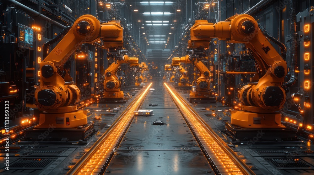 Futuristic factory with robotic arms on assembly line. Futuristic factory with robotic arms on assembly line.