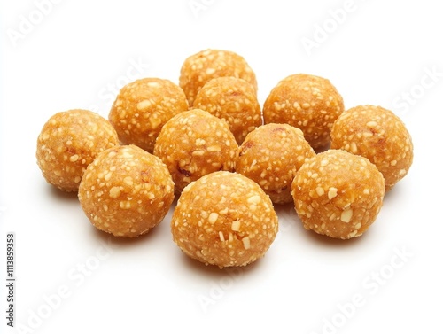 Bunch of small, round, yellow snacks. They are all the same size and shape. They are arranged in a row on a white background