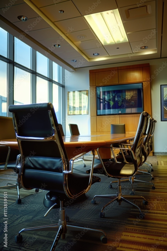 Conference room with a large table and several black chairs. The chairs are arranged around the table, and there is a TV mounted on the wall. The room has a professional and formal atmosphere Conference room with a large table and several black chairs. The chairs are arranged around the table, and there is a TV mounted on the wall. The room has a professional and formal atmosphere