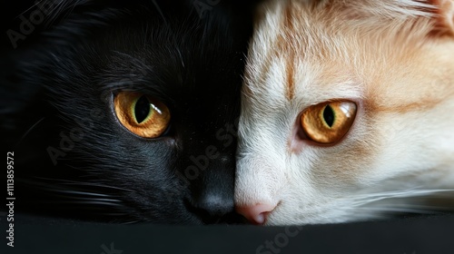 This image features a striking contrast between a black cat and a white cat, both with intense golden eyes, gazing intently, symbolizing mystery and elegance. photo