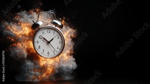 A classic alarm clock, detailed prominently with its hands and numbers, appears trapped in a cloud of stylized smoke, hinting at enigmatic passage of time.