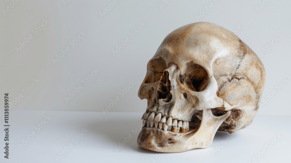 Skull is sitting on a white table. The skull is white and has a brown tint. The skull is positioned in the center of the table Skull is sitting on a white table. The skull is white and has a brown tint. The skull is positioned in the center of the table