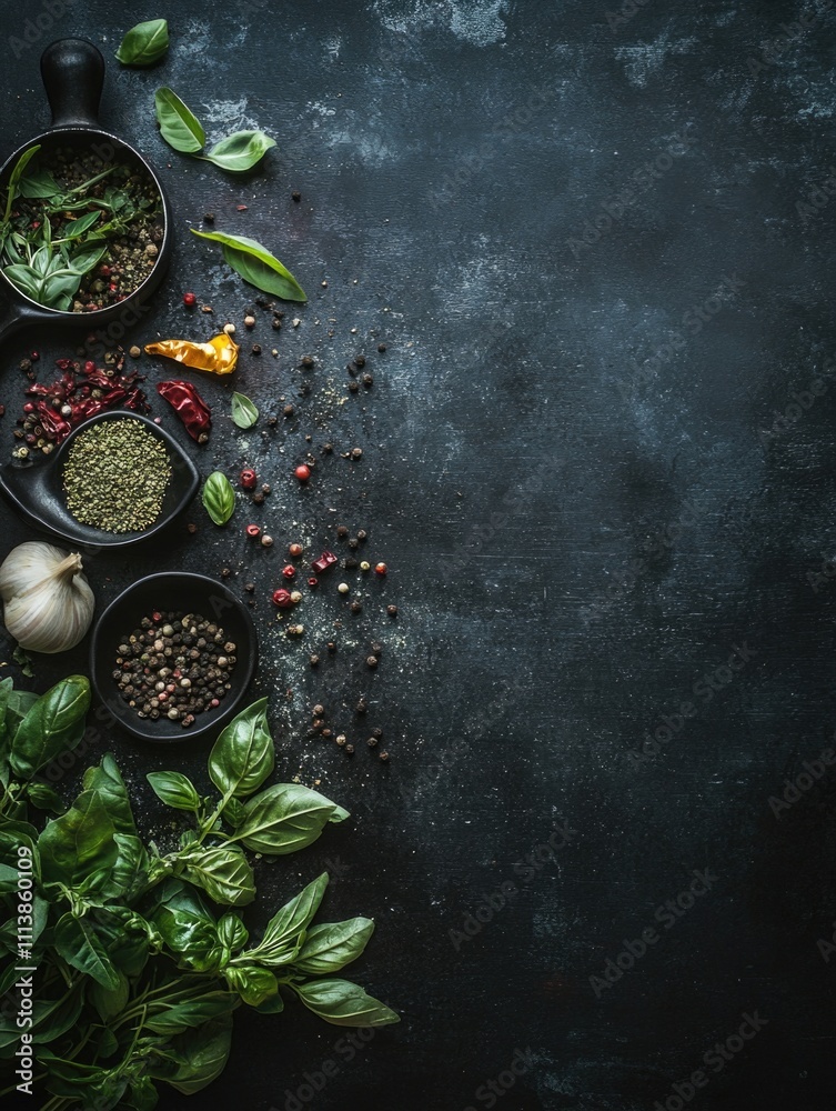 Black background with a variety of spices and herbs. The spices include basil, garlic, and pepper Black background with a variety of spices and herbs. The spices include basil, garlic, and pepper