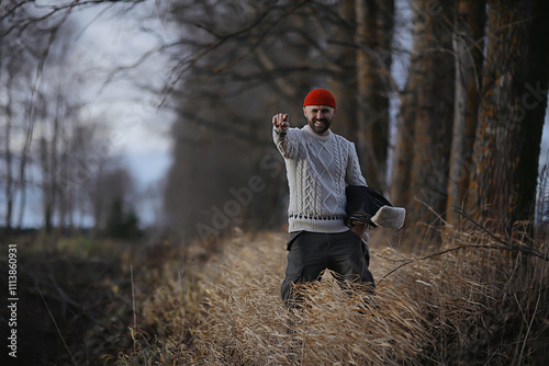 field autumn freedom man sweater, nature landscape photo