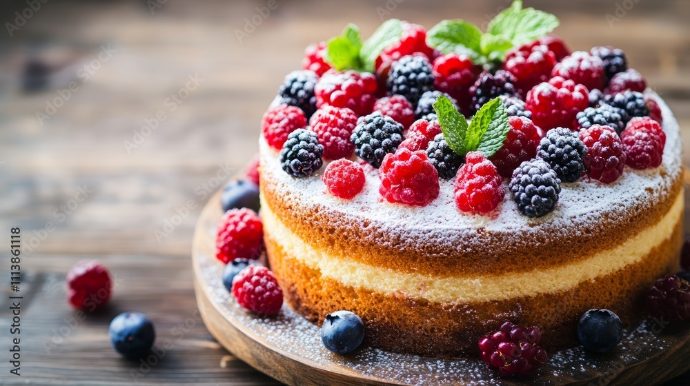 Tasty sponge cake with fresh berries and mint on wooden table, closeup Tasty sponge cake with fresh berries and mint on wooden table, closeup