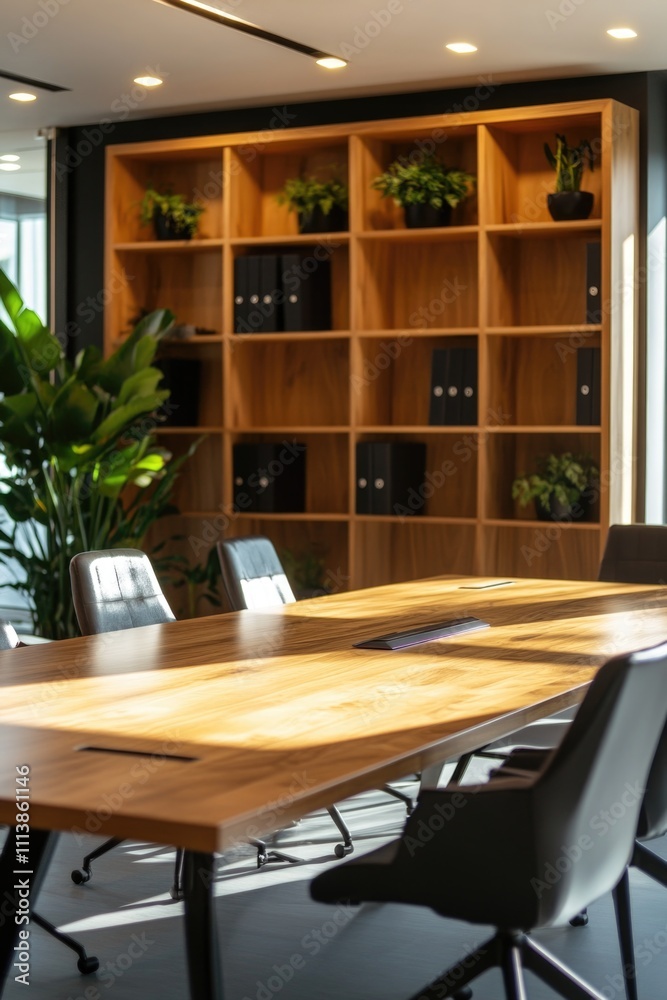 Large wooden table with a few chairs around it and a potted plant in the background. The room has a warm and inviting atmosphere Large wooden table with a few chairs around it and a potted plant in the background. The room has a warm and inviting atmosphere