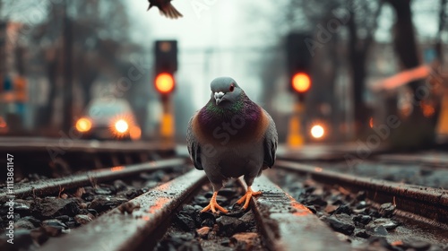 A lone pigeon strides purposefully down a foggy railroad as dawn breaks, symbolizing the journey forward and introspection amidst urban life's quiet moments. photo