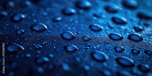 The image is of a blue surface with many drops of water on it. The drops are scattered all over the surface, creating a sense of movement and fluidity