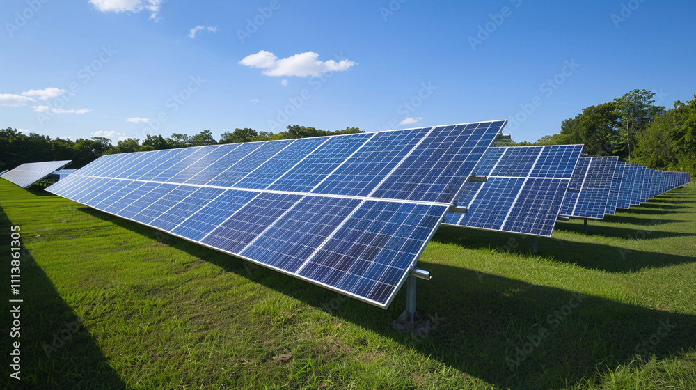 Modern Solar Panels in Lush Green Field under Clear Blue Sky Modern Solar Panels in Lush Green Field under Clear Blue Sky