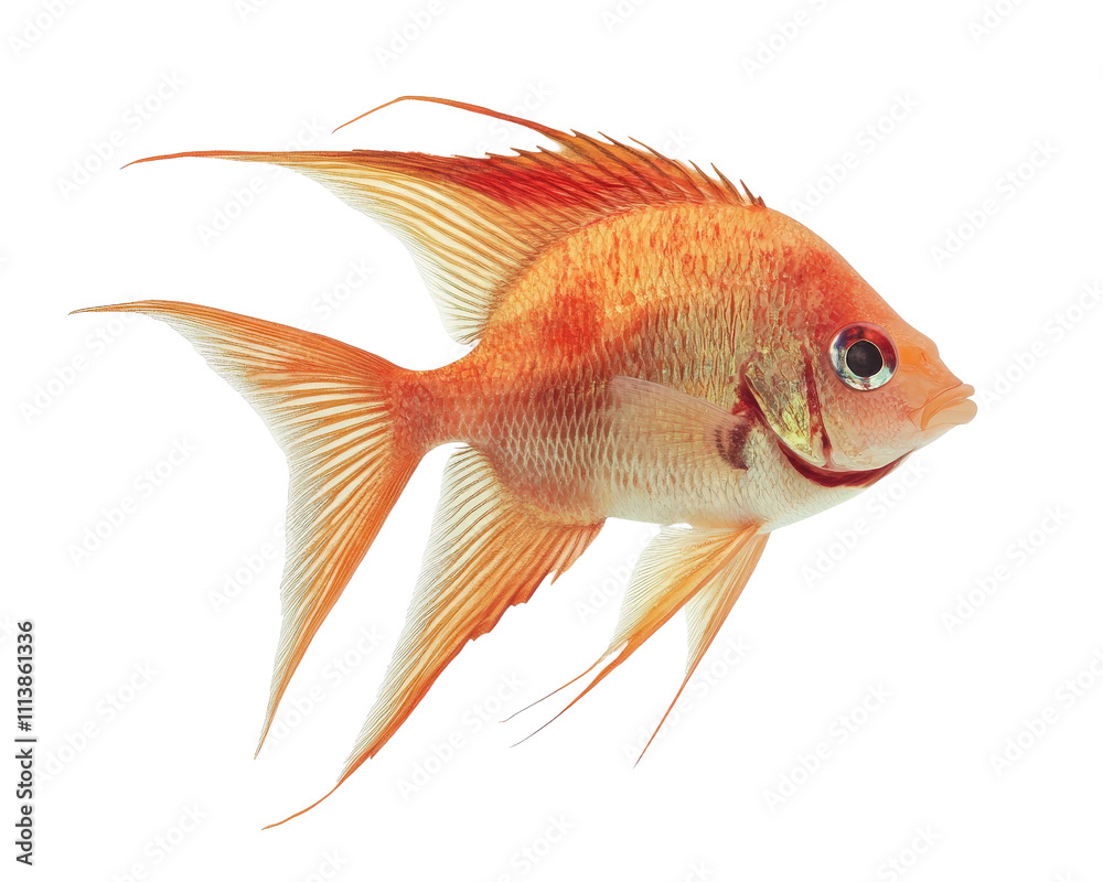 Obraz premium vibrant orange angelfish with long, flowing fins swims gracefully against white background, showcasing its striking colors and elegant form
