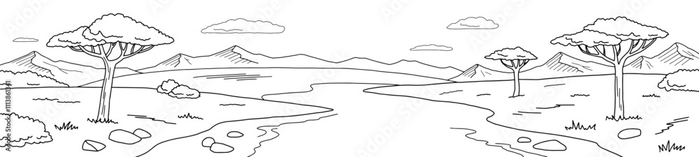 Fototapeta premium Savannah river coloring graphic black white landscape long sketch illustration vector 