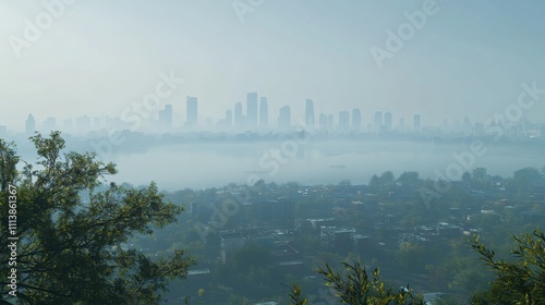 Aerial view of an overcrowded city with smog and dense air pollution, emphasizing urban congestion and poor air quality,