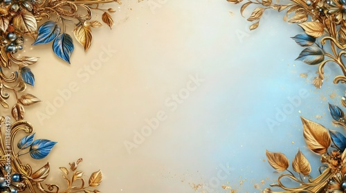 An ornate golden frame with intricate floral carvings, featuring blue and gold leaves on one side. The background fades from beige to light blue.