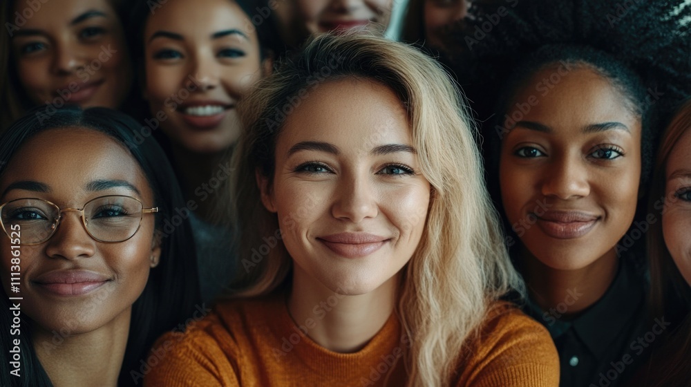Group of women are smiling for a photo. The woman in the center is wearing glasses and a yellow shirt Group of women are smiling for a photo. The woman in the center is wearing glasses and a yellow shirt
