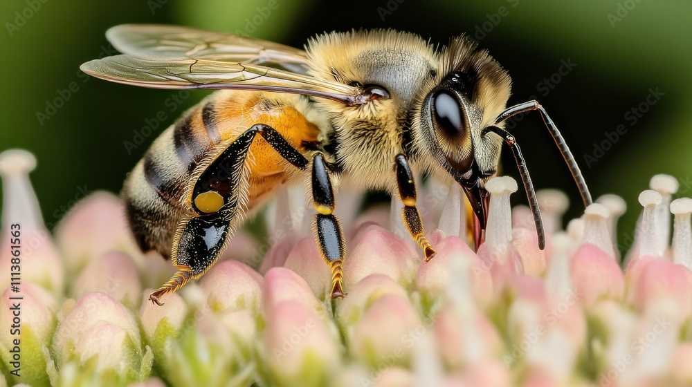 A close-up of a bee pollinating a flower, emphasizing the importance of biodiversity and natural ecosystems. A close-up of a bee pollinating a flower, emphasizing the importance of biodiversity and natural ecosystems.