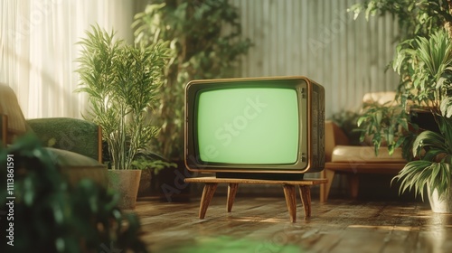 A retro television with a green screen sits in a plant-filled room, bathed in natural light, creating a nostalgic and serene atmosphere in a living space.