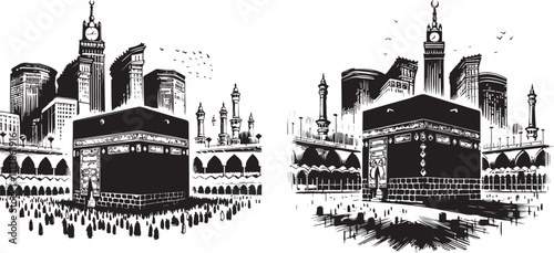 Holy Kaaba in Mecca Saudi Arabia Hand Drawn Silhouette Sketch