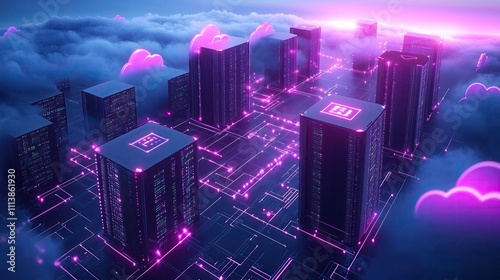 Futuristic Data Center with Bright Neon Clouds and Circuitry in Cyberpunk Style Depicting Technology and Innovation Perfect for Digital Projects and Tech-Themed Designs
