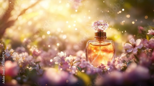 Elegant perfume bottle in blooming flowers under golden sunlight, a beautiful perfume bottle for advertising