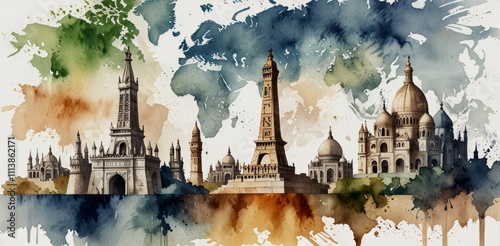 watercolor background of Travel the world monument concept. Famous landmarks from around the world surrounding a globe with airplanes.