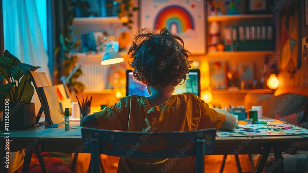 Young Boy Working on Computer in Vibrant, Creative Workspace Young Boy Working on Computer in Vibrant, Creative Workspace