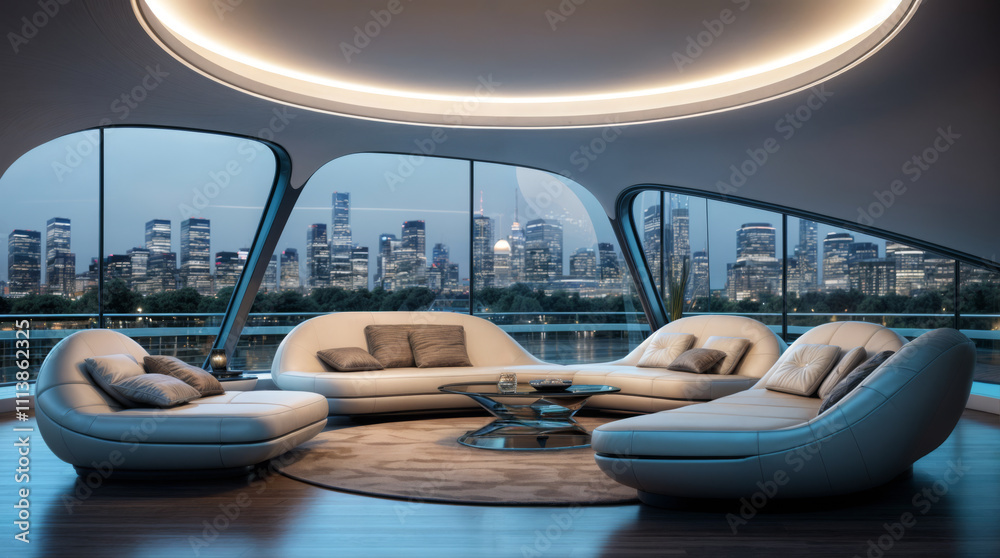 Fototapeta premium Very modern circular Living room in refined style mainly in light blue color with large ring for warm lighting and an ultra wide view on a big city