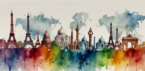 watercolor background of Travel the world monument concept. Famous landmarks from around the world surrounding a globe with airplanes.