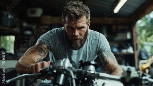 Bearded man with tattoos riding a motorcycle in a rustic workshop space, embodying the spirit of adventure and craftsmanship in cinematic lighting.