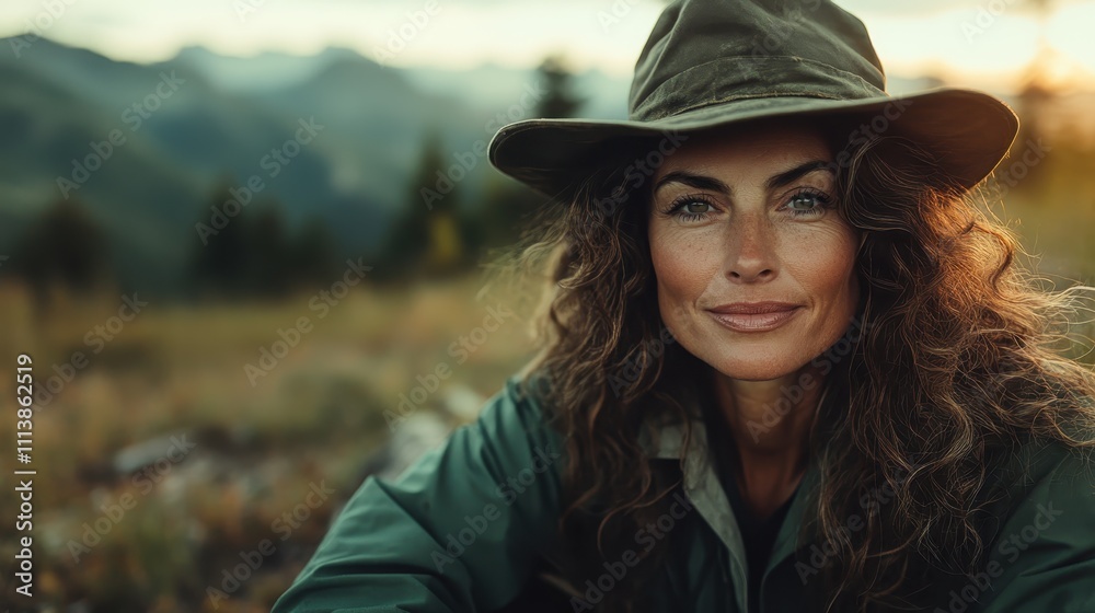 A woman with curly hair and a green hat enjoys peaceful solitude in a natural setting, with mountains providing a stunning backdrop for her quiet moment.