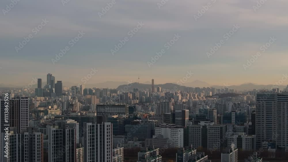 Aerial Morning View of Seoul Skyline with N Tower in the Background Aerial Morning View of Seoul Skyline with N Tower in the Background