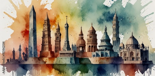 watercolor background of Travel the world monument concept. Famous landmarks from around the world surrounding a globe with airplanes.