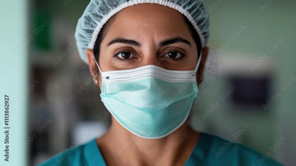 A close-up portrait of a focused healthcare professional wearing a surgical mask and scrubs, with depth and clarity showing dedication to patient care A close-up portrait of a focused healthcare professional wearing a surgical mask and scrubs, with depth and clarity showing dedication to patient care